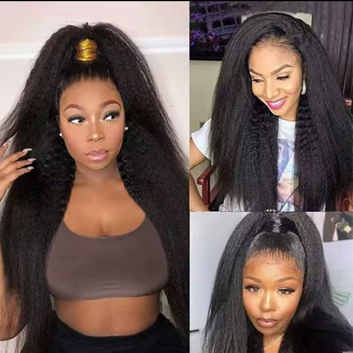 Peruca 360 Kinky Straight – Preto Natural (#1B) – Cabelo Humano
